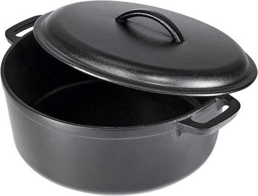 Amazon Basics Round Pre-Seasoned Cast Iron Dutch Oven Pot with Lid and Dual Handles, Heavy-Duty & Large, 7-Quart, Black