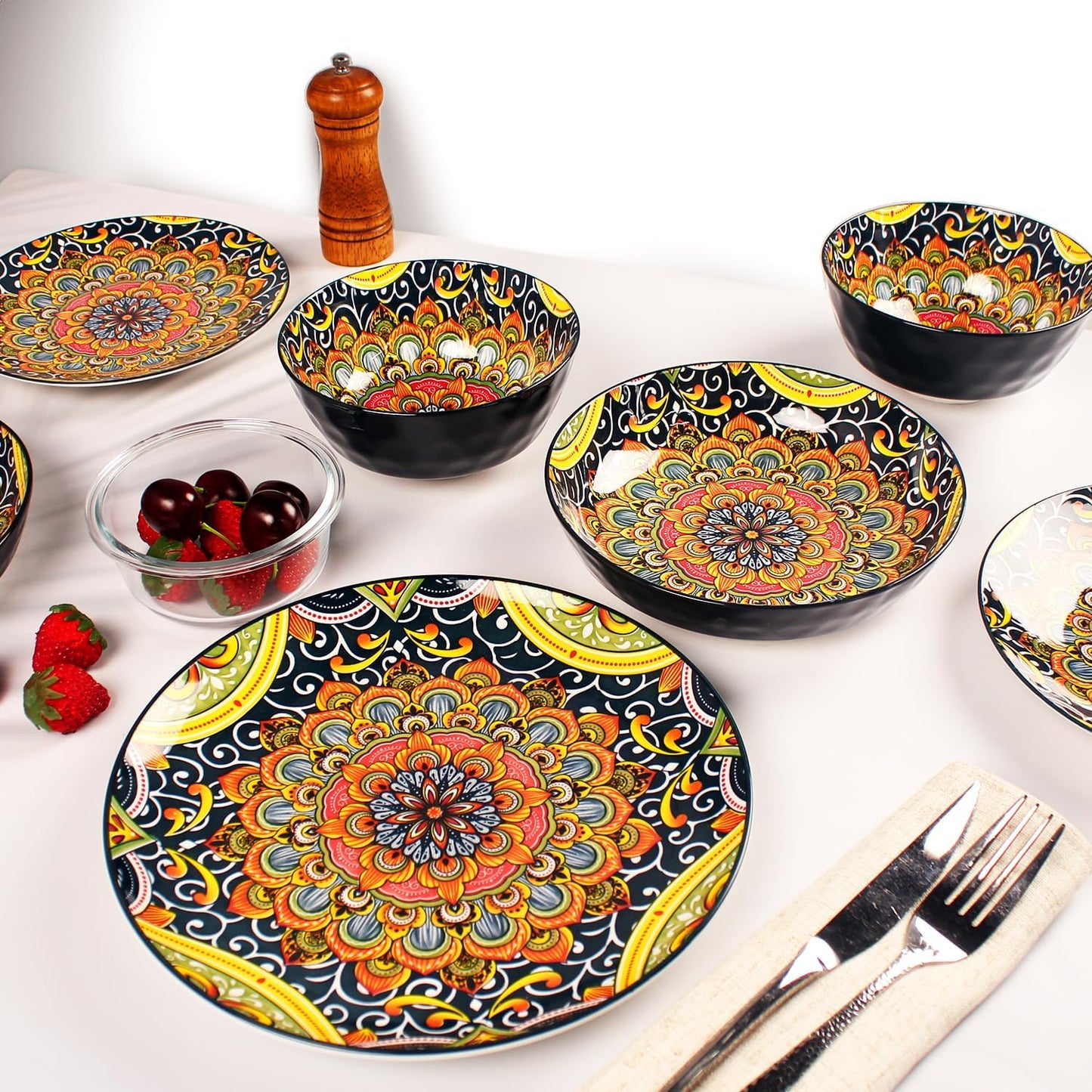 Mandala Dinnerware Sets, Plates and Bowls Set, Porcelain Dishes (16 Pieces) Service for 4, Zanzibar, Bohemian Style Dining Ware, for Kitchen and Dining Multicolor Dinnerware Set, Black