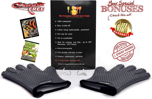 KITCHEN PERFECTION XL Silicone Smoker Oven Gloves-Extreme Heat Resistant BBQ Gloves-Handle Hot Food Right on Your Grill Fryer&Pit|Waterproof Grilling Cooking Baking Mitts|Superior Value Set+3 Bonuses