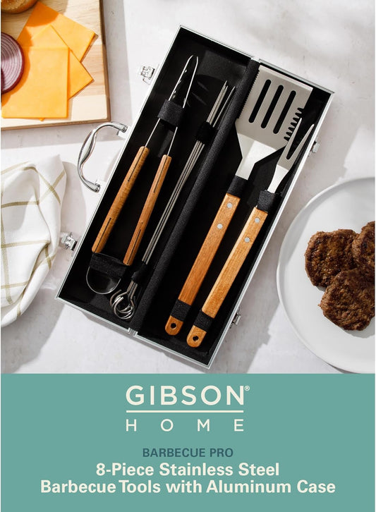 Gibson Home Barbeque Pro 8-Piece BBQ Tool Set with Acacia Wood Handles and Aluminum Storage Case – Grill Accessories Kit