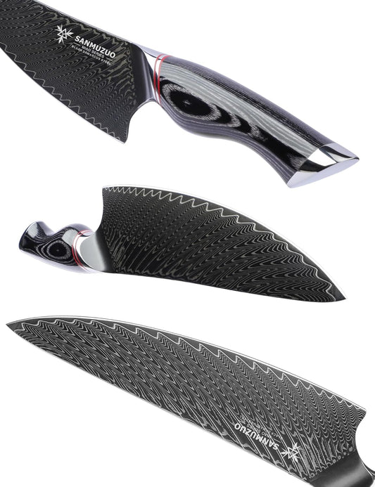 Chef Knife 8 Inch - Professional Japanese Kitchen Knife - Black Damascus Steel with Ergonomic Handle - MIAO Series