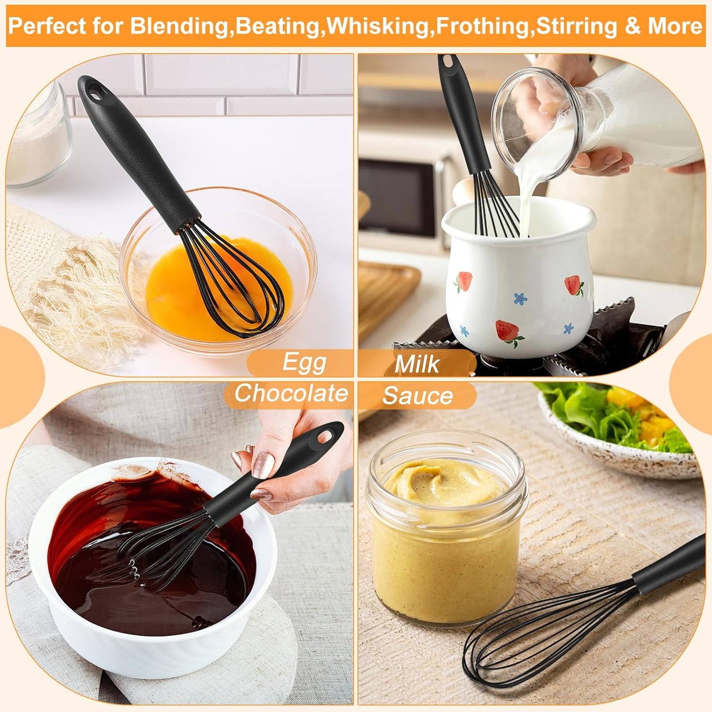 Silicone Whisk,Heat Resistant Non Scratch Whisks Set of 3,Stainless Steel & Silicone Wisk for Cooking,Kitchen Whisk For Nonstick Cookware,Balloon Egg Whisk Perfect for Blending,Beating,Frothing-Black