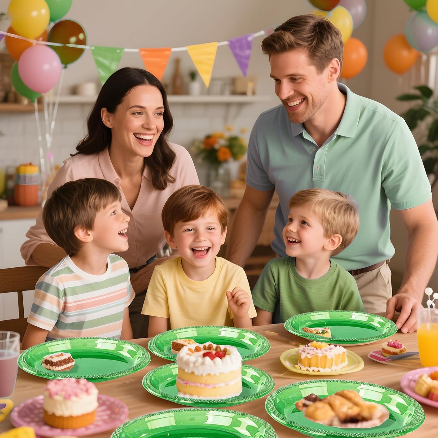 WELLIFE 210Pcs Green Plastic Plates,Clear and Green Plastic Dinnerware Set,Party Supplies Including Clear Plates, 12OZ Cups, plastic Cutlery and Paper Napkins Serve 30 Guests