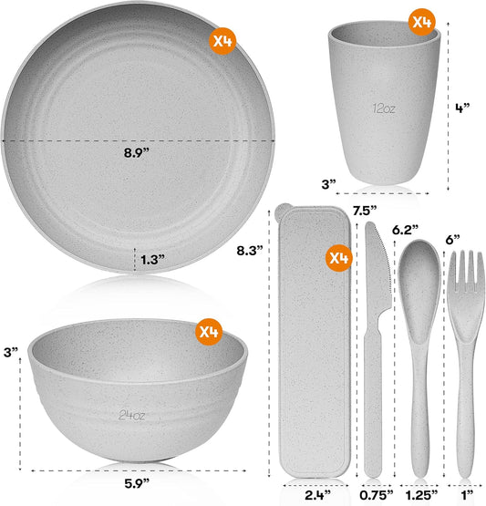 Wheat Straw Dinnerware Sets | Unbreakable Dinnerware Sets | Dishwasher Microwave Safe Dinnerware | Eco Friendly Non Breakable Dinnerware Sets | RV Outdoor Camping (Grey, Service for 4 (28 pcs))