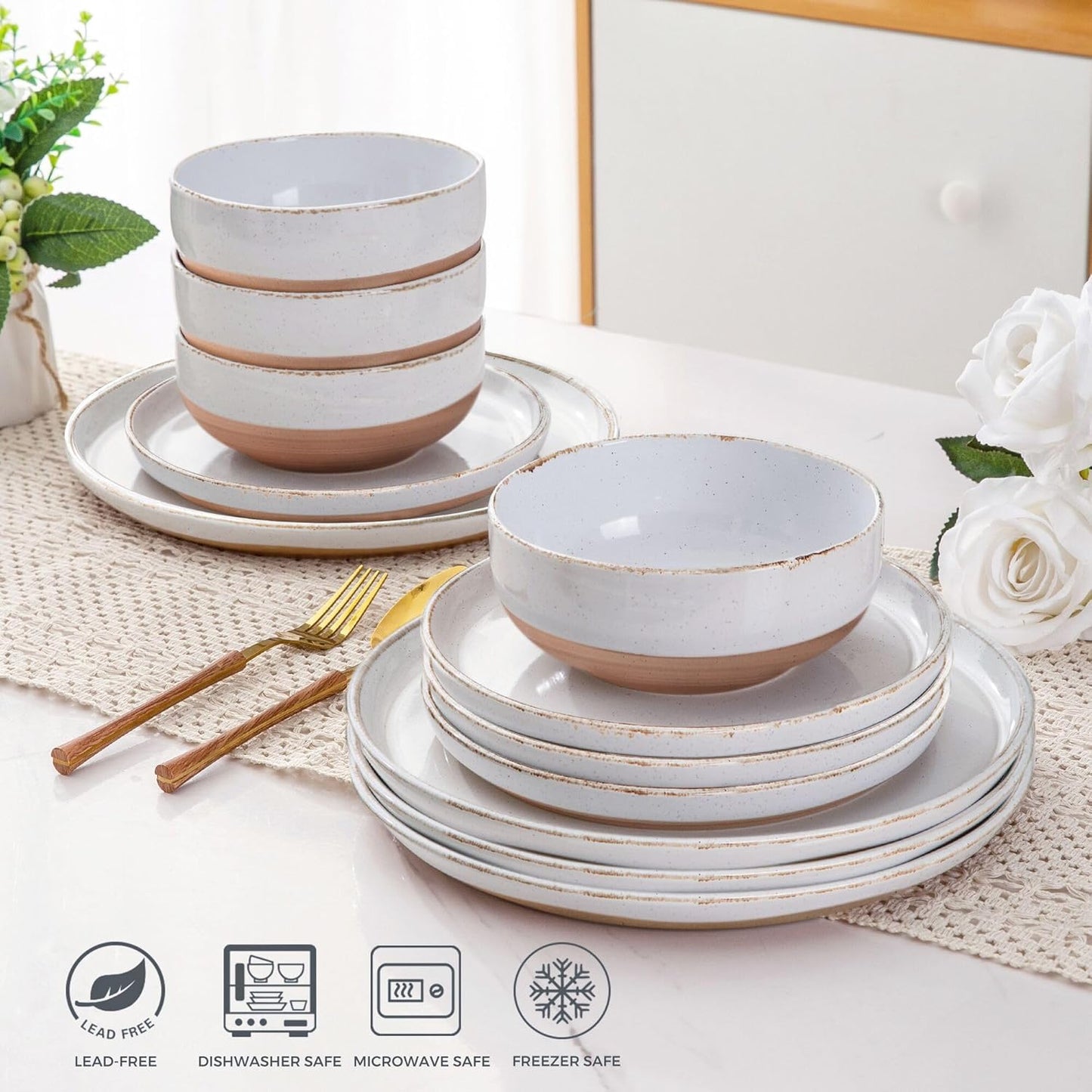 AmorArc 18 Pieces Ceramic Dinnerware Sets for 6, Handpainted Stoneware Plates and Bowls Set with Rustic Terracotta Underside, Scratch Resistant Dishes Set, Dishwasher & Microwave Safe, White