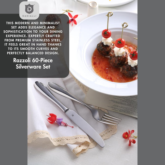 Modern Silverware Set, 18/10 Stainless Steel Flatware, Mirror Finish, Dishwasher Safe, Elegant Cutlery for Home and Dining, Built to Last (60-Piece, Razzoli)