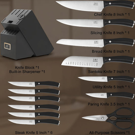 Newly Updated Chef Knife Set Sharp Blade Rivet Ergonomic Handle Knife Block Set Hundreds of Years of Masterful Craftmanship(Black,15PCS)