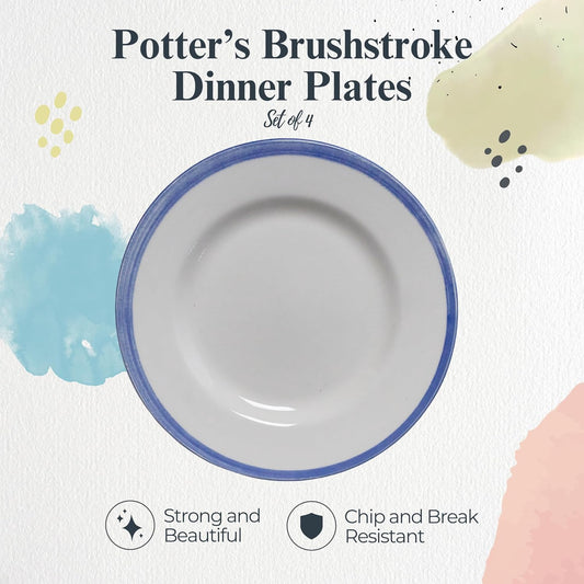 Portmeirion Potter's Brushstroke Dinner Plate (Set of 4) - 10.5" Earthenware Plates with Classic Brushstroke Rim - Microwave, Dishwasher, Freezer, Oven Safe - Ideal Modern Dinnerware Set (Blue)