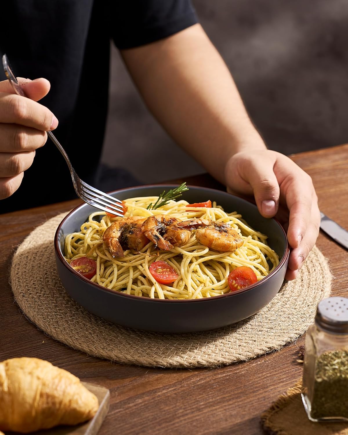 famiware Mercury Pasta Bowls Set of 8, 33 oz Large Salad Bowls, Ceramic Pasta Plates Bowls, Serving Bowls for Kitchen, Microwave & Dishwasher Safe, Charcoal