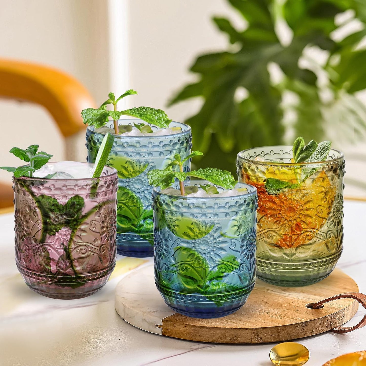 Glass Cups, Vintage Glassware Drinking Glass Set of 6, 12oz Colored Glassware with Sunflower Design, Embossed Floral Decorative Glasses Drinking Set for Cocktail, Wine, Vintage Drinking Glasses