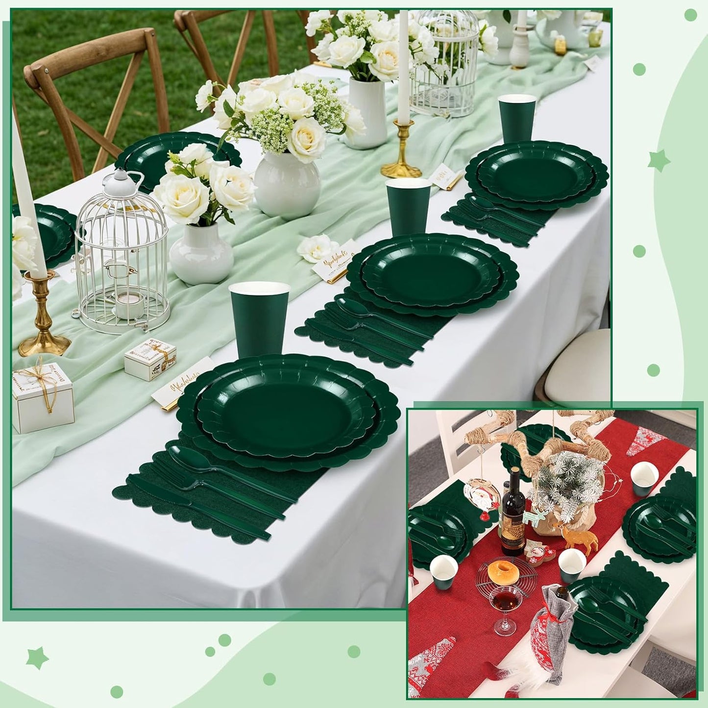 Dark Green Plates and Napkins, 25 Guest Green Party Supplies Include Christmas Plates Napkins Cups Plastic Spoons Forks Knives for Thanksgiving, Christmas, Birthday