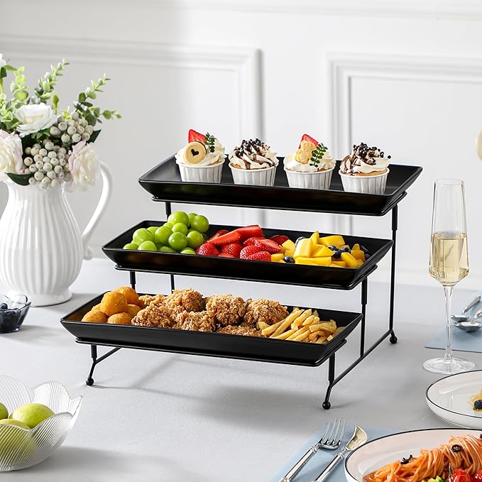MALACASA 3 Tier Serving Trays for Party, Stoneware Serving Platters and Trays, 14 Inch Tiered Tray Stand, Fruit Tray, Trays for Serving Food, Black Dessert Stand with Collapsible Sturdier Metal Rack