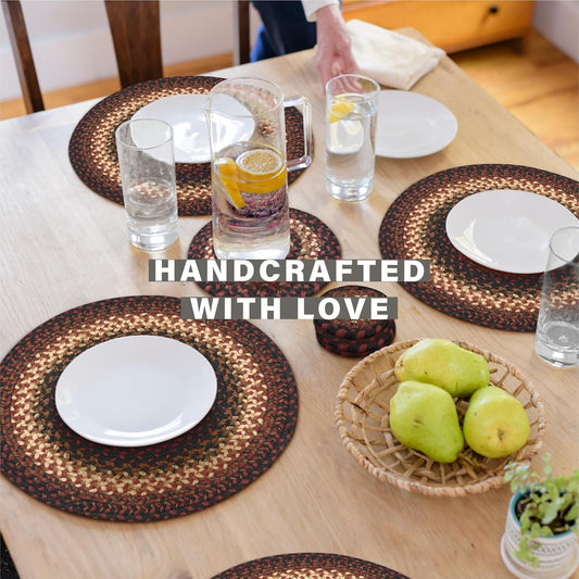 Prescott Jute Woven Round Placemats Set of 6, 15", Country Primitive Decor, Black and Red Table Mats - Vibrant Colors, Durable, Easy to Clean and Protects Furniture