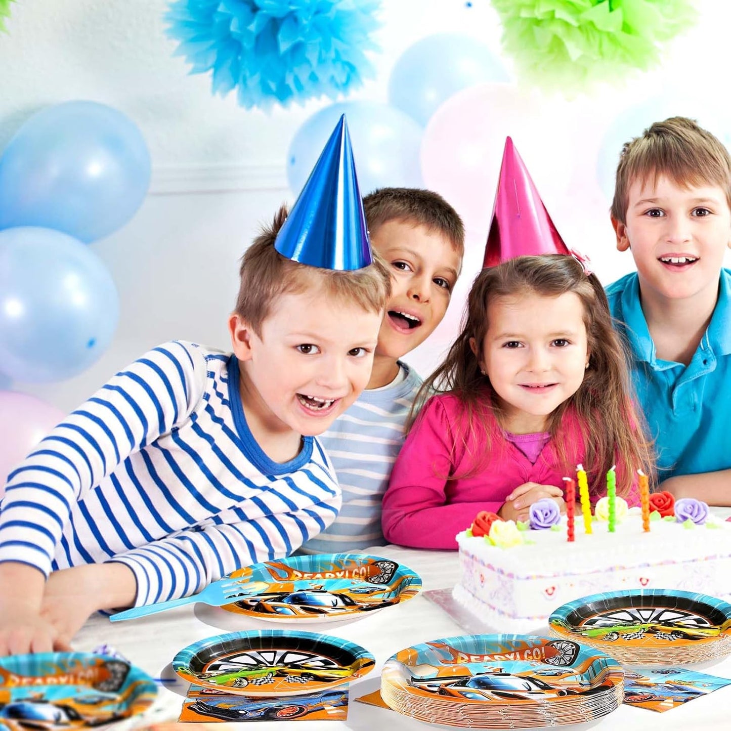 96 Pcs Racing Car Party Supplies Hot Car Tableware Set Disposable Racing Car Plates Napkins Forks Hot Car Birthday Decorations for Kids Boys Birthday Party Race Sports Serves 24