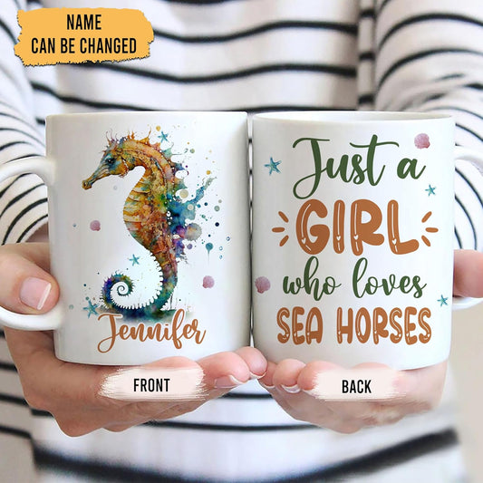 Hyturtle Personalized Gifts SeaHorse Lover - Just A Girl Who Loves SeaHorses Custom Name Ceramic Coffee Mug Cup 11oz - Idea Cute Sea Animal Lover Gifts For Women, Girl On Birthday, Christmas