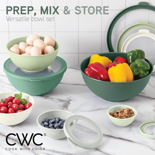 COOK WITH COLOR Mixing Bowls with TPR Lids - 12 Piece Plastic Nesting Bowls Set includes 6 Prep Bowls and 6 Lids - Microwave Safe (Sage)