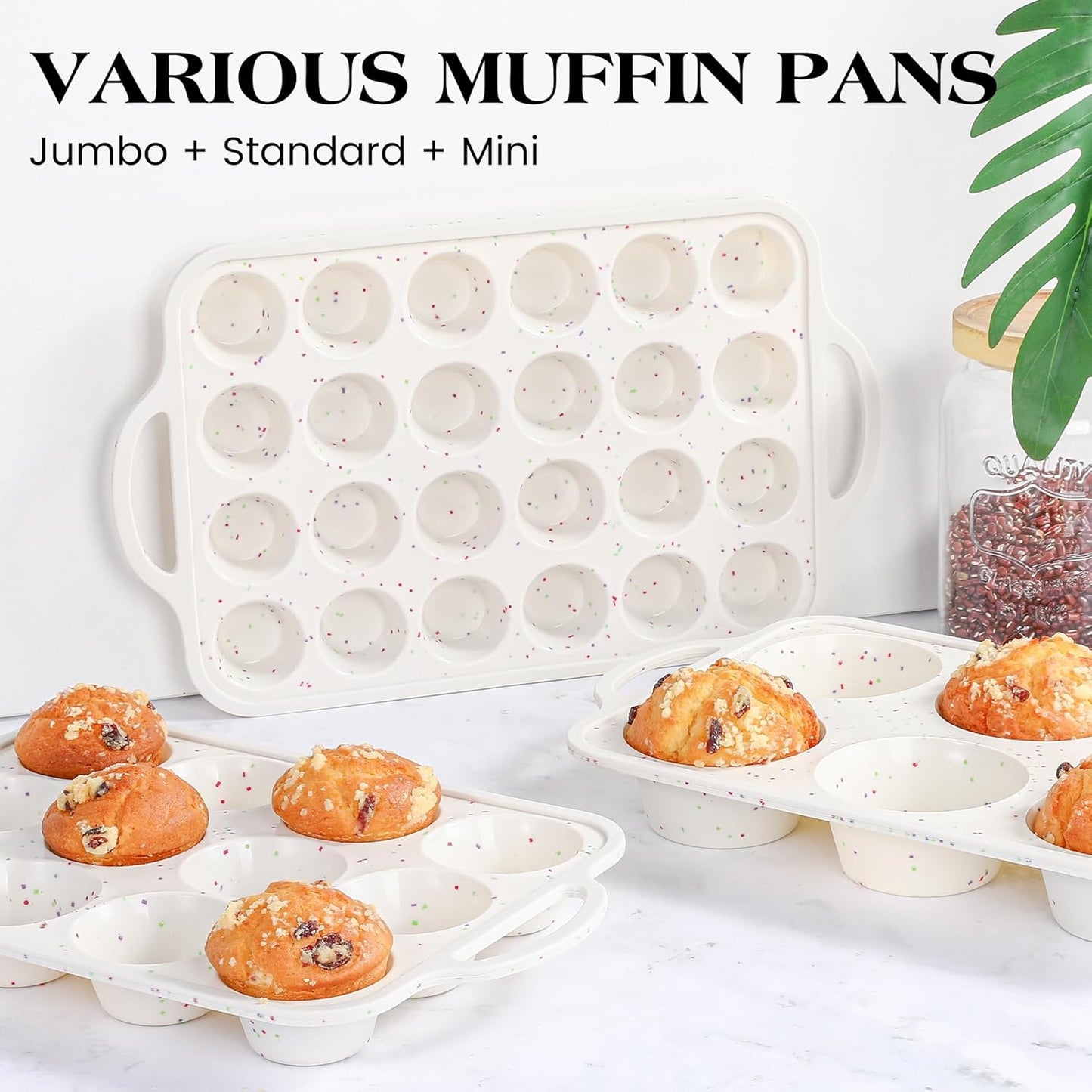 2 Pcs Mini Muffin Pans with Metal Reinforced Frame, 24 Cups Nonstick Silicone Cupcake Tray for Baking, Food Grade Small Muffin Molds with Handles (Cream)