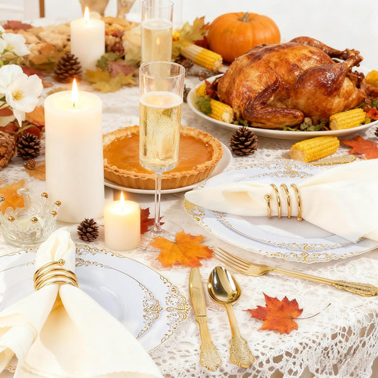 Hioasis 175pcs White and Gold Plastic Plates - Elegant Disposable Dinnerware Set Suitable for 25 Guests Include 10.25" Dinner & 7.5" Dessert Plates, Cutlery, Napkins, Cups for Party & Thanksgiving