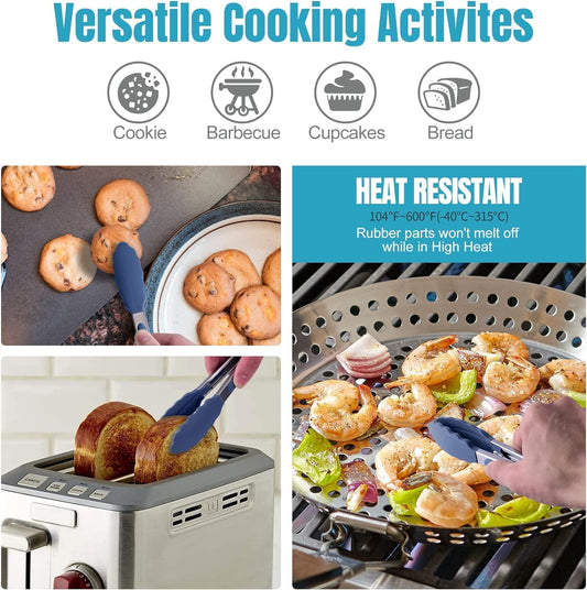 Hotec Mini Silicone Kitchen Tongs for Cooking - 7-Inch Small Serving Tongs with Silicone Tips, Set of 3 (Classic Blue)