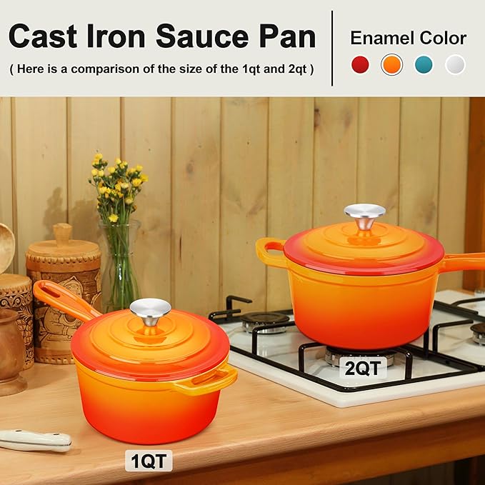Enameled Cast Iron Sauce Pan with Lid, Leonyo 1 Quart Saucepan with Lid, Small Cast Iron Dutch Oven Kitchen Cookware Pot for All Cooktops Making Pasta, Soup, Milk - Up to 500°F & 4.4Lbs, Orange