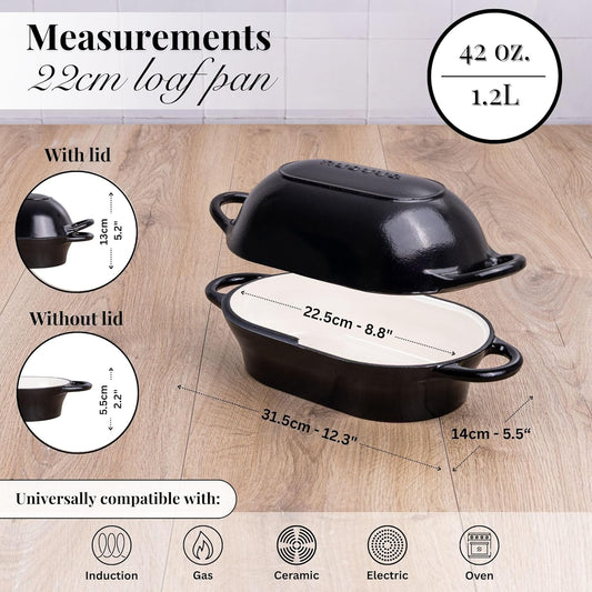 nuovva Dutch Oven For Sourdough Bread Baking – Enamelled Cast Iron Bread Loaf Pot – Oven Safe Non Stick Bread Pot – Rectangular, Black, 24cm x 16cm