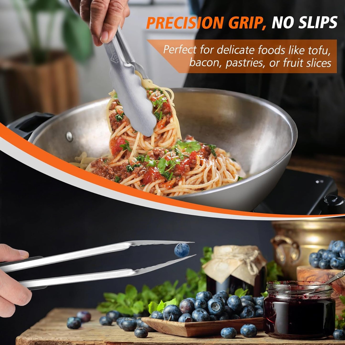 Hotec Stainless Steel Kitchen Tongs, Set of 2-9", Locking Metal Food Tongs for Cooking, Serving, BBQ, Grill Non-Slip Grip