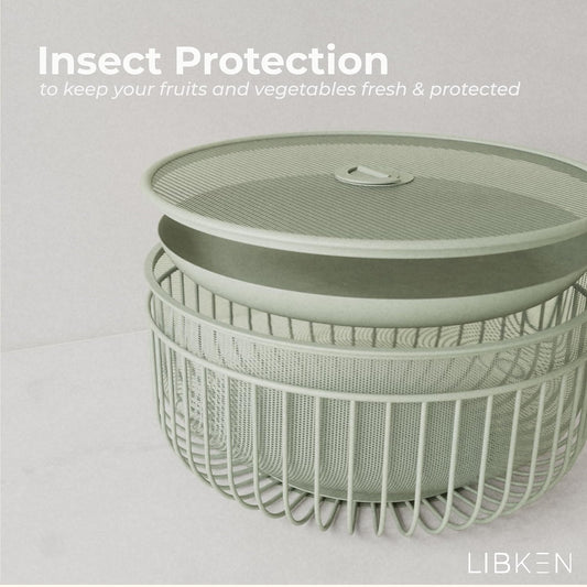 Metal Fruitbasket with Mesh Lid and Basket - Fruit and Vegetable Holder For Kitchen Counter - Countertop Display Baskets Organizer - Bowl Storage for Veggie, Fruits, Snack, and Banana - Green