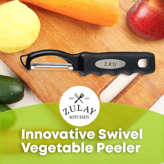 Zulay Kitchen Swivel Vegetable Peeler - Stainless Steel Potato & Veggie Peeler with Comfortable Grip - Built In Blemish Remover - Black