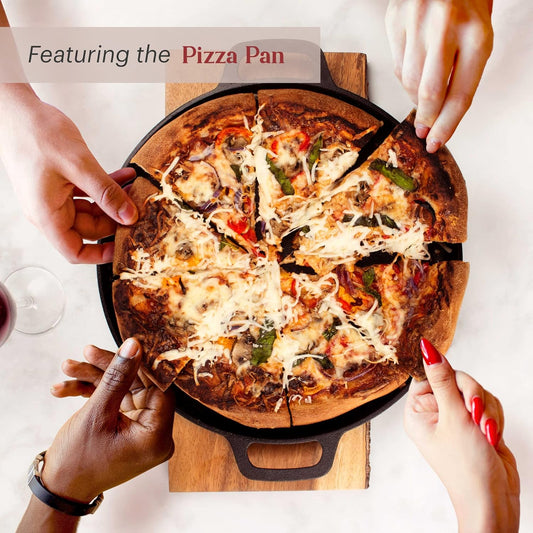 Cuisinel Cast Iron 18-Piece Preseasoned Cookware Set: 10"+12" Skillets w/Lids + 5-Qt Dutch Oven + 10.5" Square Grill Pan w/Lid + Pizza Pan + Round Griddle + 15" Organizer +Scraper + Silicone Handle