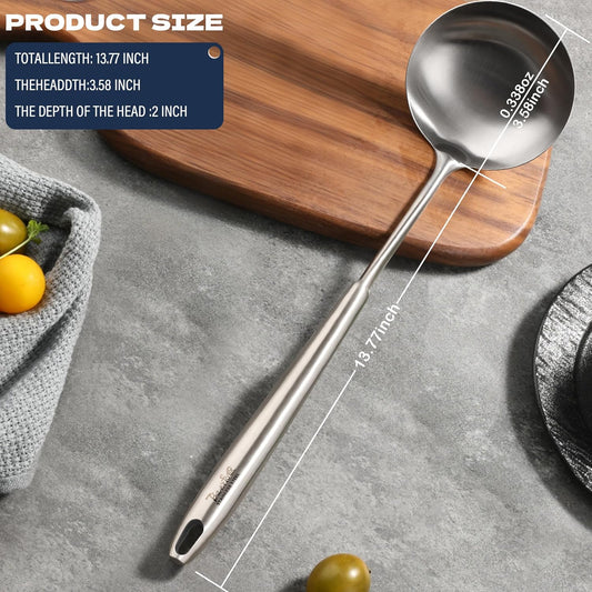 Solid Stainless Steel Soup Ladle, 13.7" Food-Grade 304 Rust-Free Table Ladle, Brashed-Polished & One-Piece Dishwasher-Safe, Ergonomic Long Handle for Home, Kitchen, Restaurant