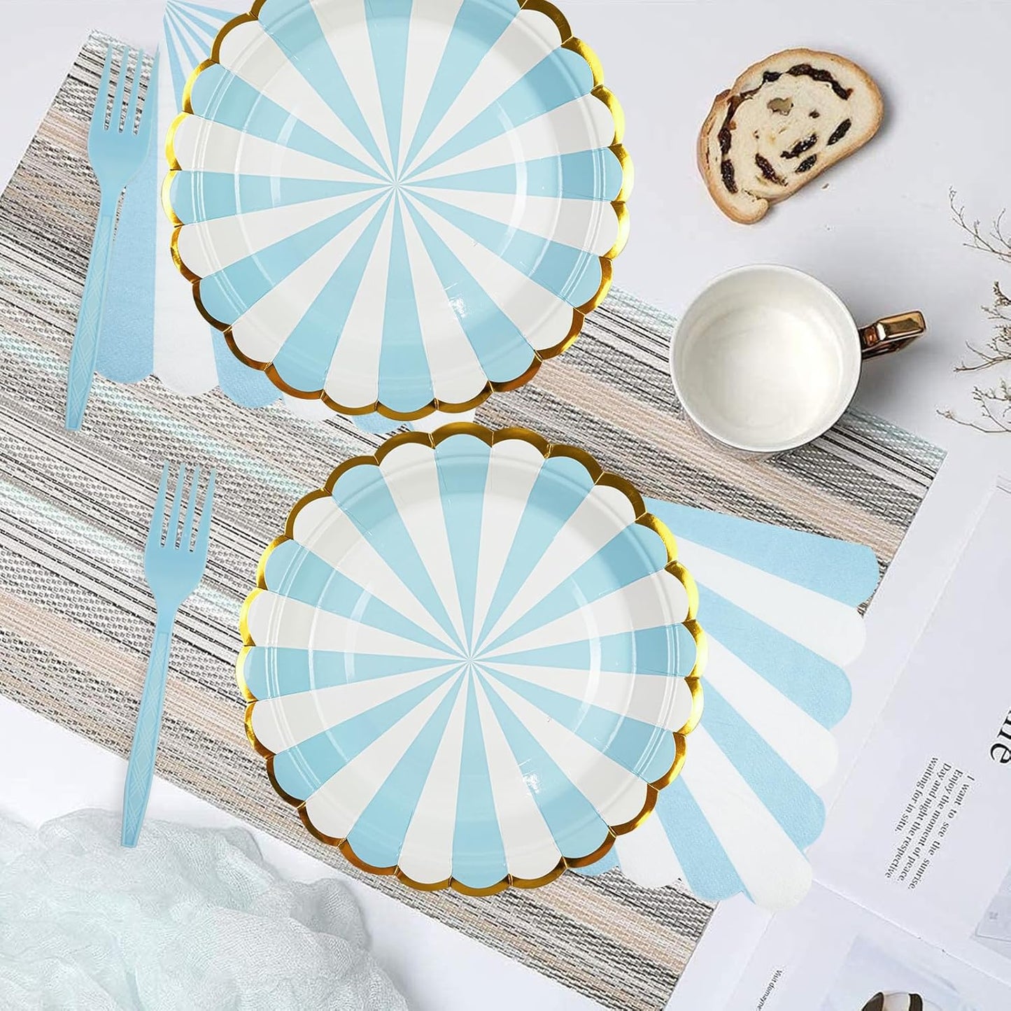 72PCS Blue Paper Plates and Napkins Party Supplies, Gold Foil Edge Scalloped Striped Paper Plates Napkins Disposable Tableware Set for Birthday Wedding Baby Shower Party Decoration (Blue)