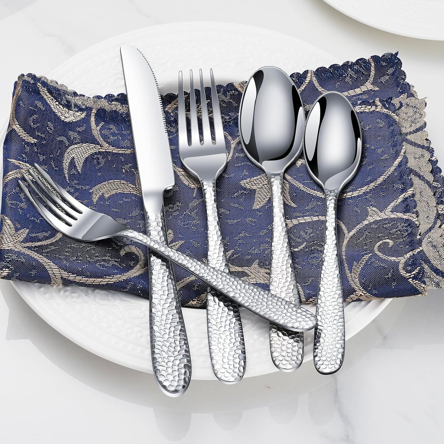 Hammered Silverware Set, 40-Piece Heavy Duty Stainless Steel Flatware Sets for 8, Food-Grade Cutlery Set for Home Restaurant, Mirror Polished, Dishwasher Safe