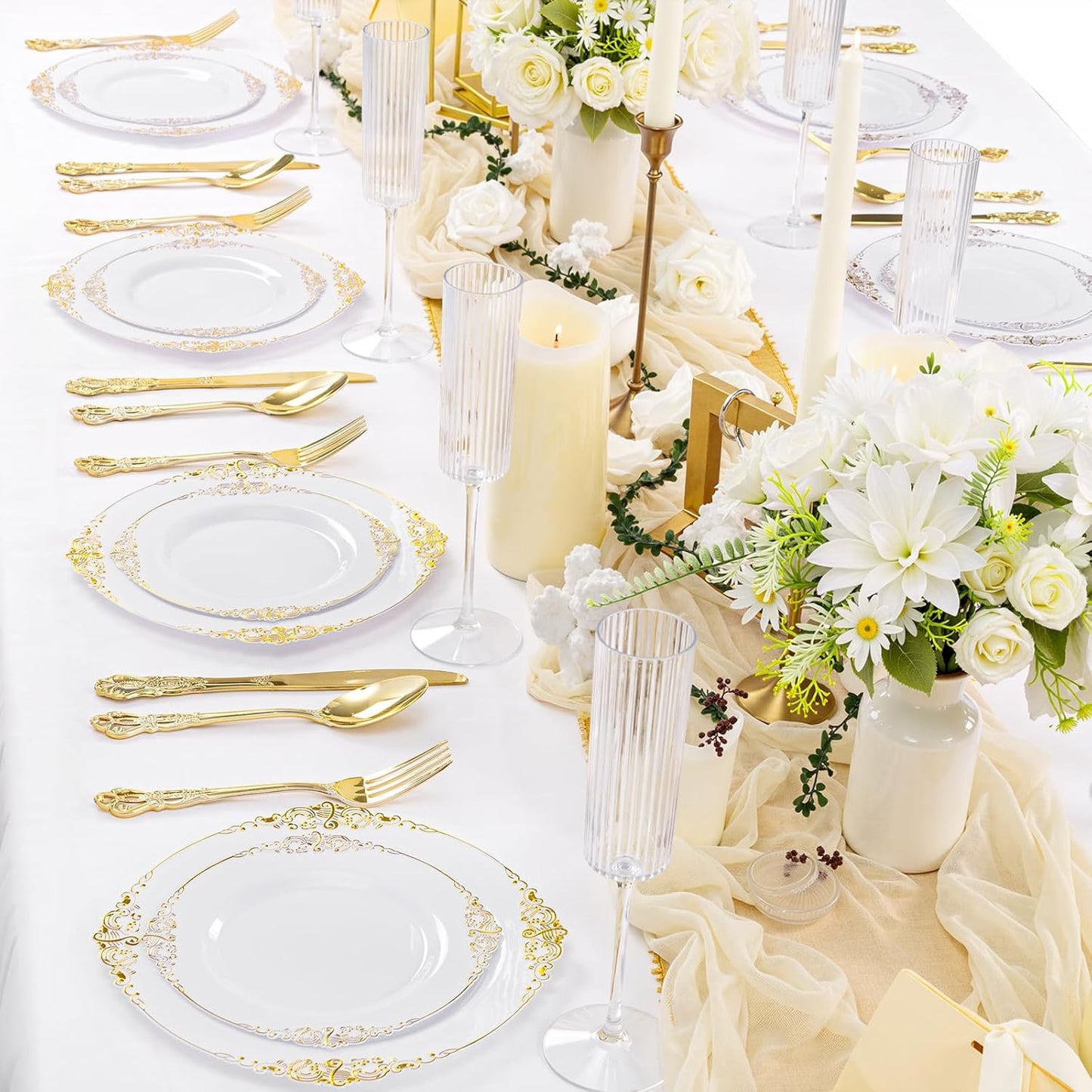 200PCS White and Gold Plates - Gold Plastic Plates - Fancy Disposable Plate - Gorgeous Christmas Dinner & Dessert Plate for 100 Guests for Wedding & Thanksgiving Party