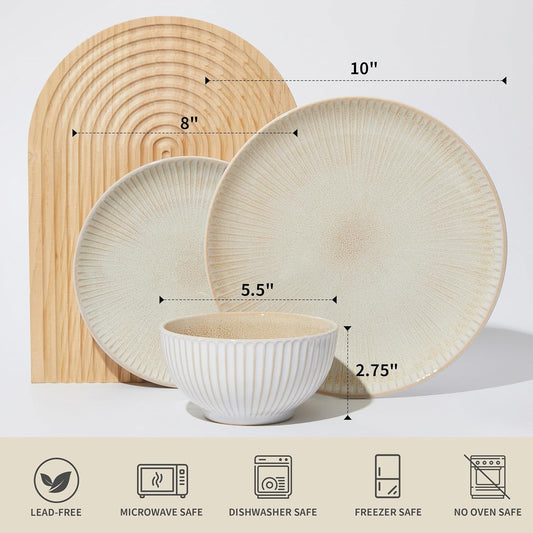 Ceramic Dinnerware Sets for 4, 12 Pieces Embossed Stoneware Plates and Bowls Sets, Scratch Resistant Dish Sets, Distinctive Granulated Surface, Housewarming Wedding Gift, Brown