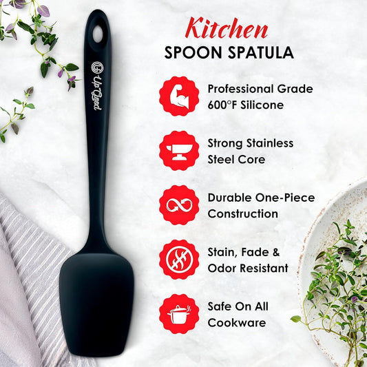 Silicone Spoon Spatula - 600ºF Heat-Resistant Non-Stick Rubber Spoonula | Use as Silicone Kitchen Scraper Utensil - Baking and Cooking Strong Stainless Steel Core | UpGood Kitchen Utensils, (Black)
