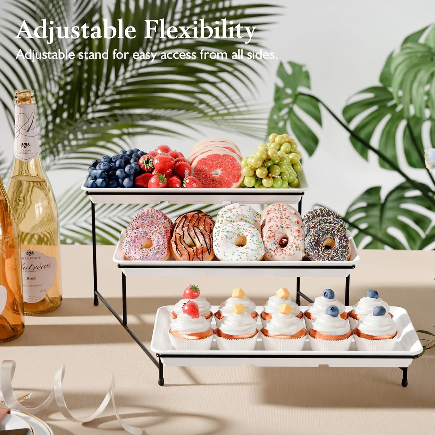 3-Tier Melamine Serving Tray Set, 14"x7" Platters for Serving Food, White Reusable Trays with Black Metal Display Stand for Cupcakes, Sevring Food, Dessert, Fruit, Cookie, Black