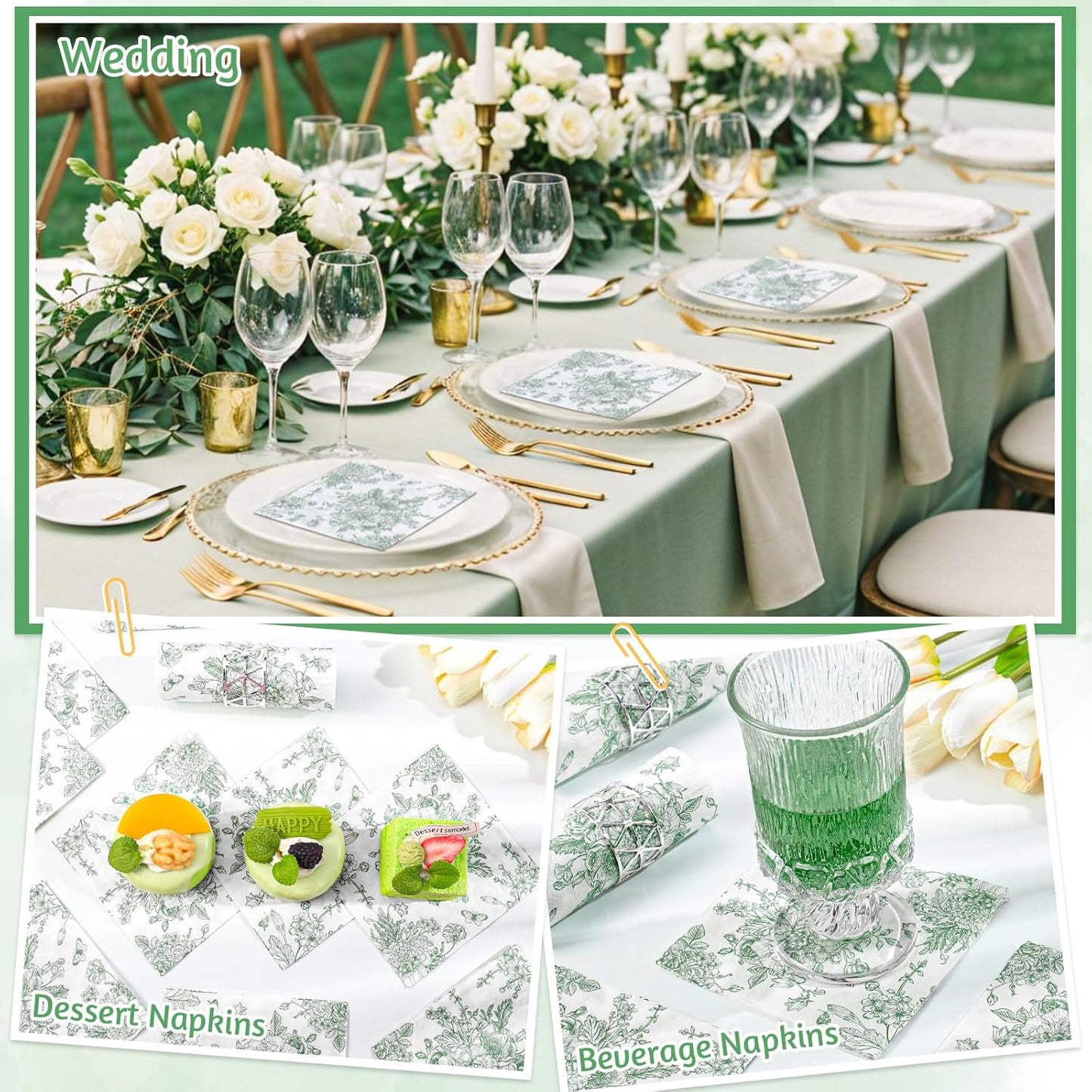 100 Pcs Sage Green Floral Napkins, Green and White Toile Napkins Vintage Flower Butterfly Design Chinoiserie Decorative Cute Napkin for Bridal Baby Shower, Wedding, Tea Party, 5 x 5 Inch