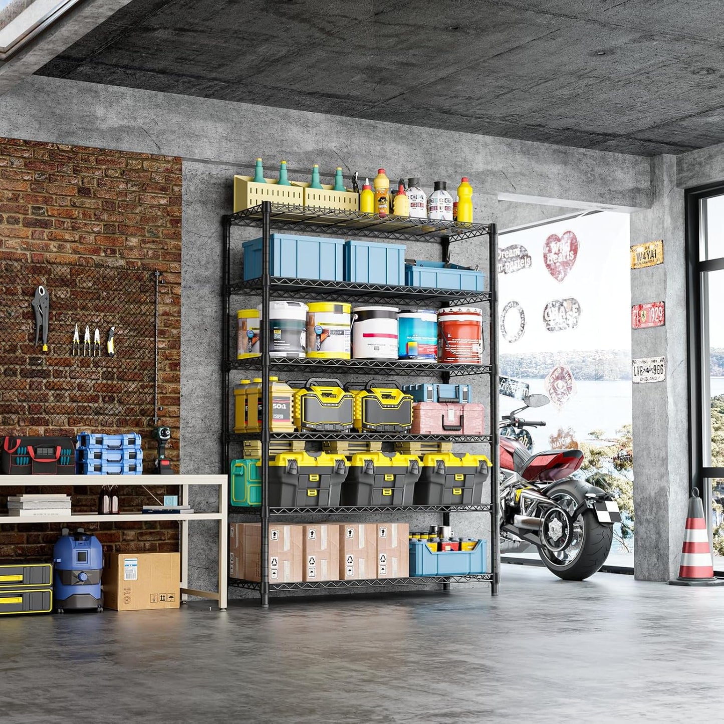 IZEUK 6-Tier Heavy Duty Metal Wire Shelving Unit, Adjustable Storage Rack Organizer for Garage, Kitchen, Office, Basement, Warehouse (Black, 17.7" D x 47.2" W x 82.7" H)