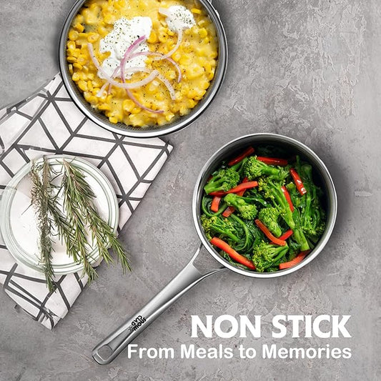 Sauce pan with lid,1.5 Quart & 2.5 Quart Hybrid Nonstick Sauce pans set, Stainless Steel cookware,non stick Pots PFOA Free,Works on Induction,Ceramic and Gas Cooktops