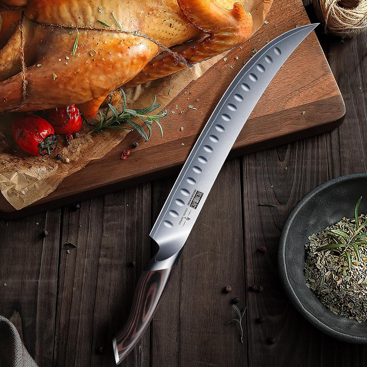 HOSHANHO Carving Slicing Knife, 10 Inch Japanese High Carbon Steel Brisket Knife with Ergonomic Pakkawood Handle, Razor Sharp Curved Butcher Breaking Knives for Meat Cutting