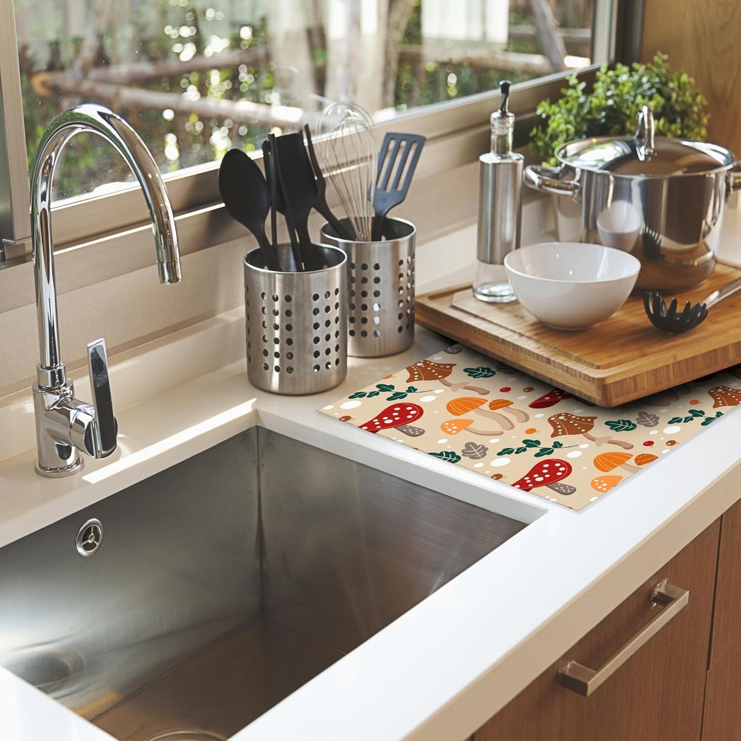 Funny Mushrooms Dish Drying Rack Mats Decor,Green Leaves Dish Pad Drying Mat Kitchen Counter 18x24 Inch Absorbent Reversible Microfiber for Coffee Bar Sink Countertop