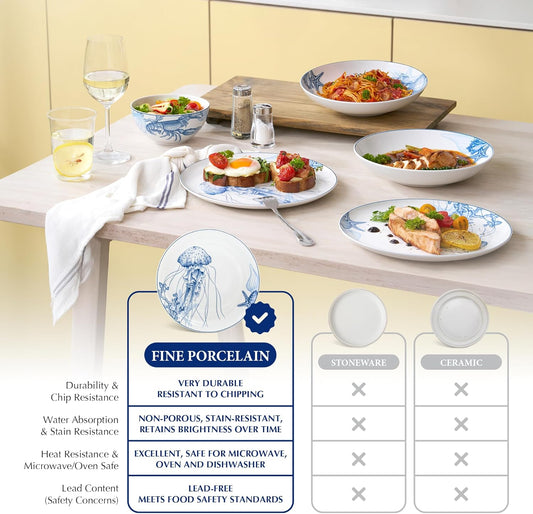 Minh Long 12-PCS Porcelain Coastal Dinnerware Set, Plates, Bowls, Service for 4, Chip & Scratch Resistant, Oven Safe up to 482°F, Non toxic, Lead & Cadmium Free, Stackable, Dishwasher & Microwave Safe