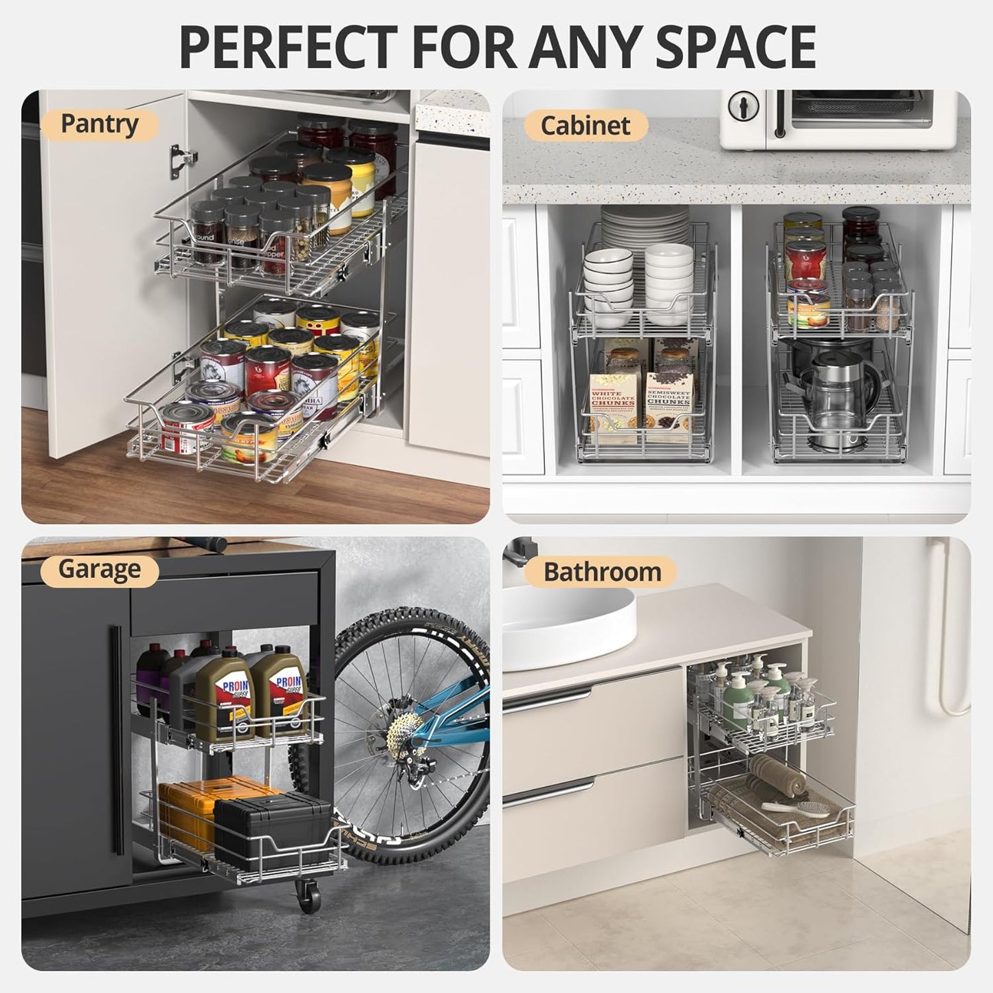 ZOINLIY Pull Out Cabinet Organizer, Versatile Slide Out Kitchen Organizers and Storage,Heavy Duty Drawer Cupboard Storage Basket, Smooth Sliding, Chrome Finish (2-Tiers-11¼''W×22“D)