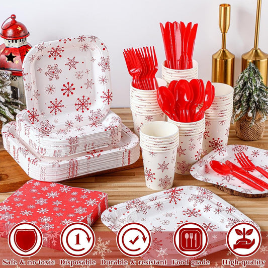 350 Pcs Paper Plates and Napkins Set Disposable Dinnerware Party Supplies Tableware Serve 50 Guest Cups Knife Forks Spoon(Red,White,Snowflake)