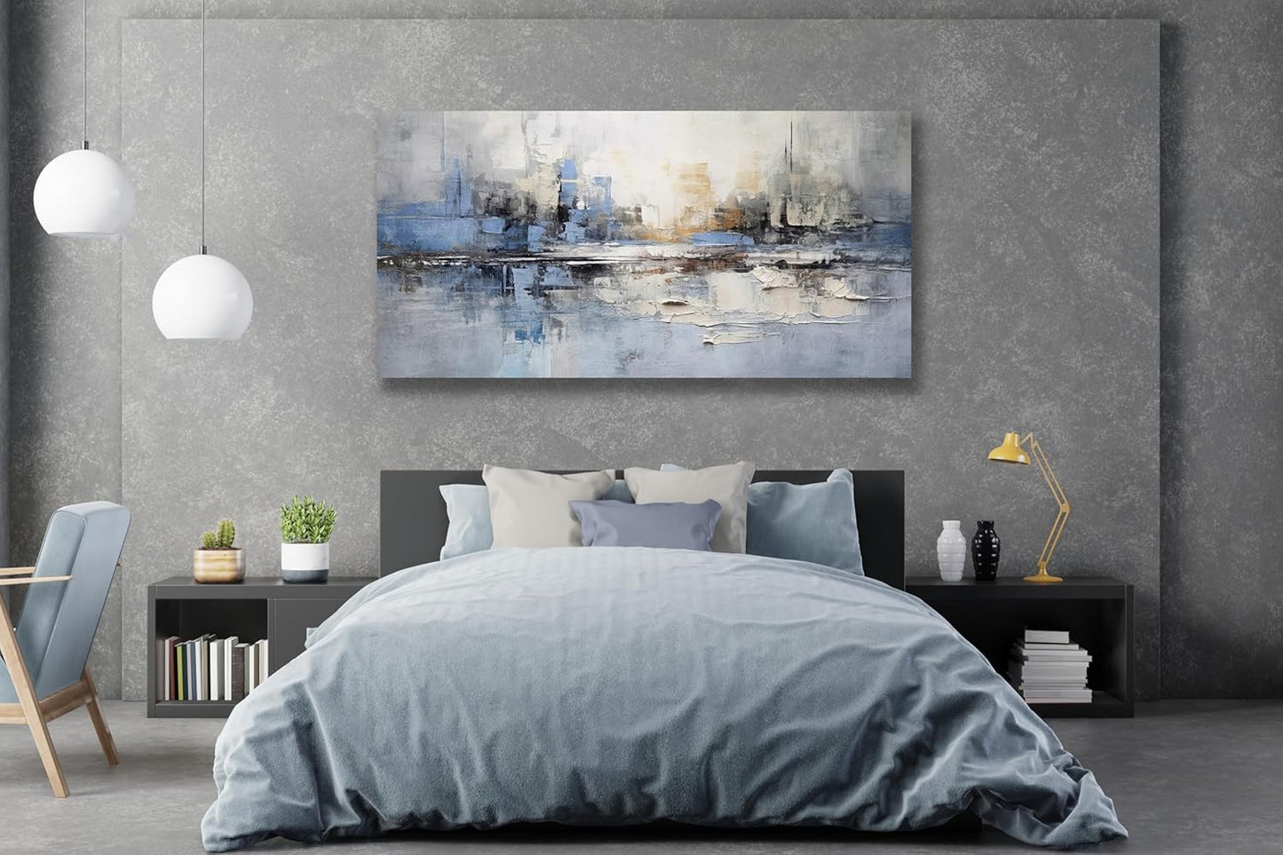 VHMING Abstract Wall Art Wall Decor Blue and Gray White Modern Canvas Wall Paintings Abstract Artwork for Living Room Bedroom Bathroom Office Home Decor Can Be Hung Directly 24"x 48"