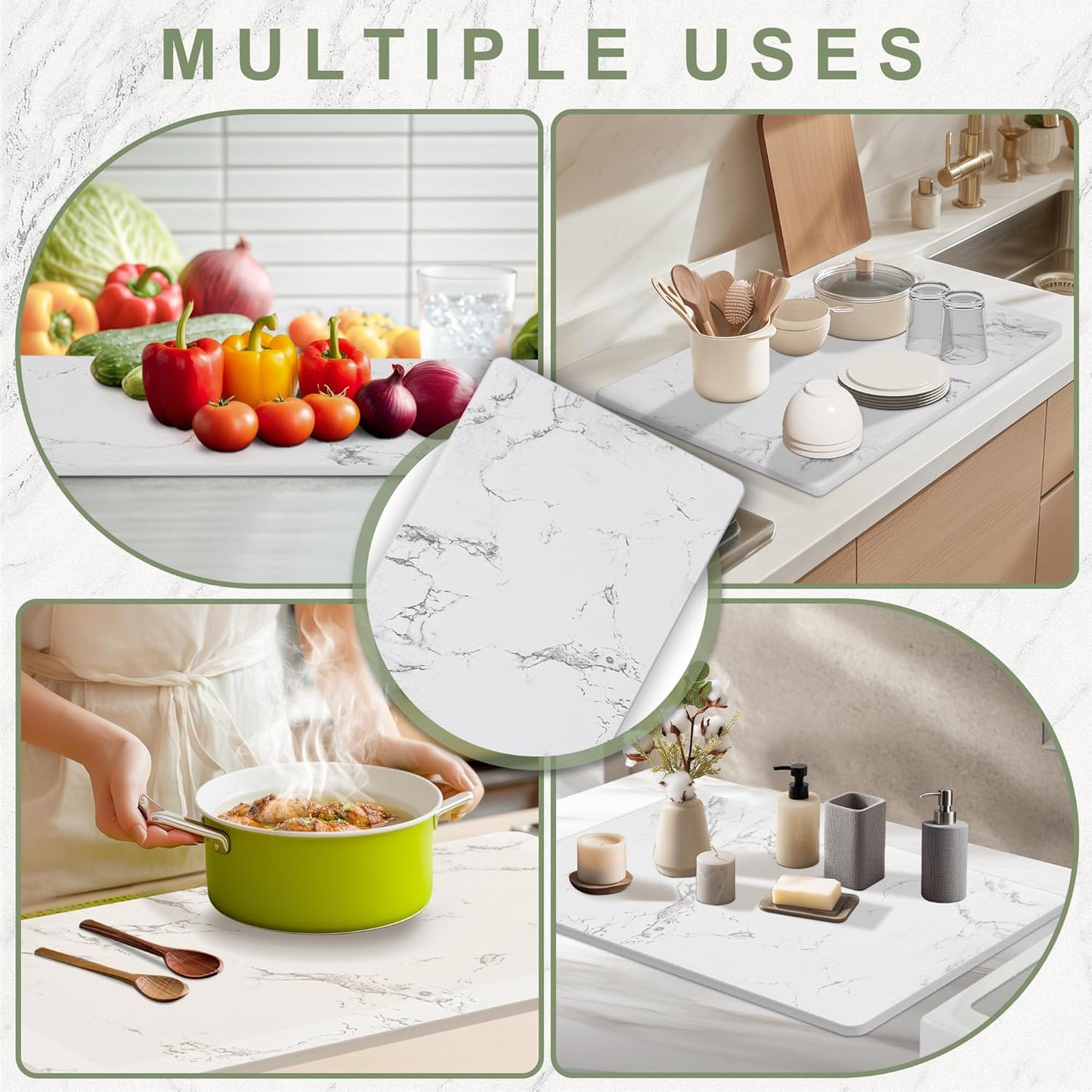 Large Stone Drying Mat for Kitchen Counter, 24" × 16" Diatomite Dish Drying Mat, Quick Dry Stone Mats, Ultra Absorbent Natural Diatomaceous Earth Mats for Dished, Bottles, White Marble