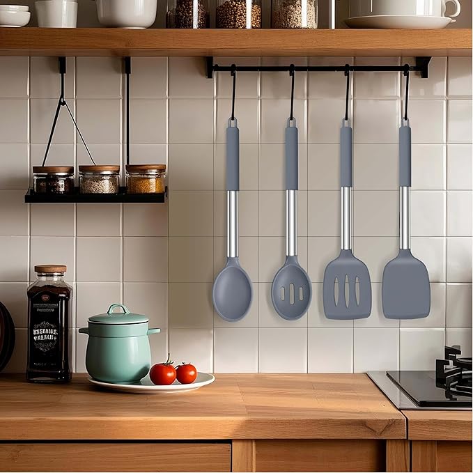 LIANYU Silicone Cooking Utensil Set, 6Pcs Heat Resistant Kitchen Utensils Set, Non-stick Stainless Steel Handle Spatula Tools, Dishwasher Safe, Grey