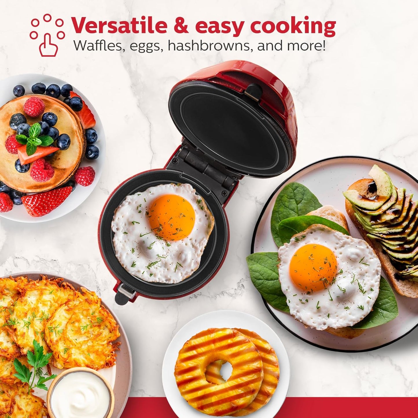 Holstein Housewares 3-IN-1 Personal Maker with Indicator Light, Griddle & Waffle Maker, Non-Stick Coating Plates, 2 waffle plates, 2 grill plates & 2 flat plates. Even Heating, Lightweight