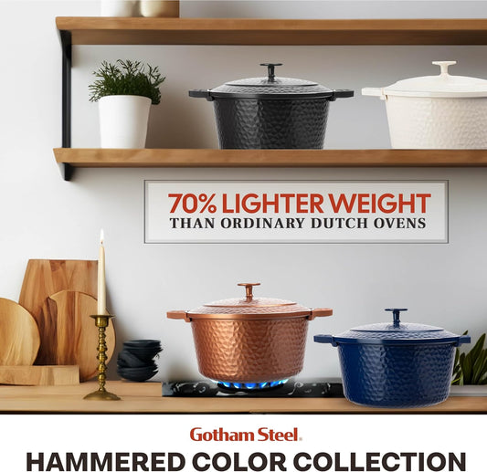 Gotham Steel Hammered 5 Qt Lightweight Dutch Oven Pot with Lid & Holders, Ceramic Non Toxic, Oven Safe & Even Heat Retaining Dutch Oven for Bread Baking Sourdough, Soup, 70% Lighter than Cast Iron