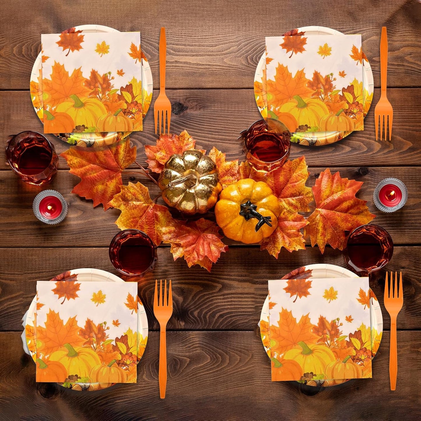 96 Pieces Thanksgiving Tableware Set - Fall Harvest Disposable Dinnerware with Plates, Napkins, Forks for Autumn Celebrations, Thanksgiving Day, and Harvest Festival, Serves 24 Guests